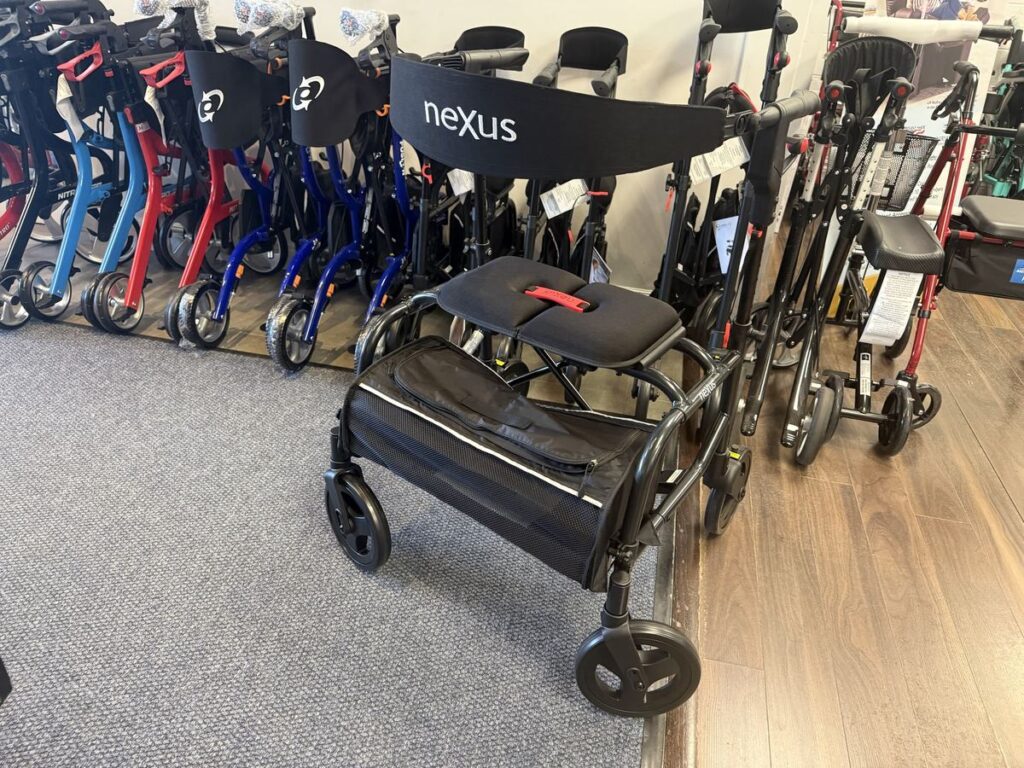 adp eligible rollators walkers vital mobility showroom ADP-eligible rollators and walkers on display at Vital Mobility's Concord showroom