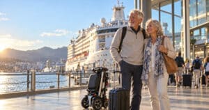 Senior couple planning to take a mobility scooter on a plane or cruise, with a folding scooter at the terminal